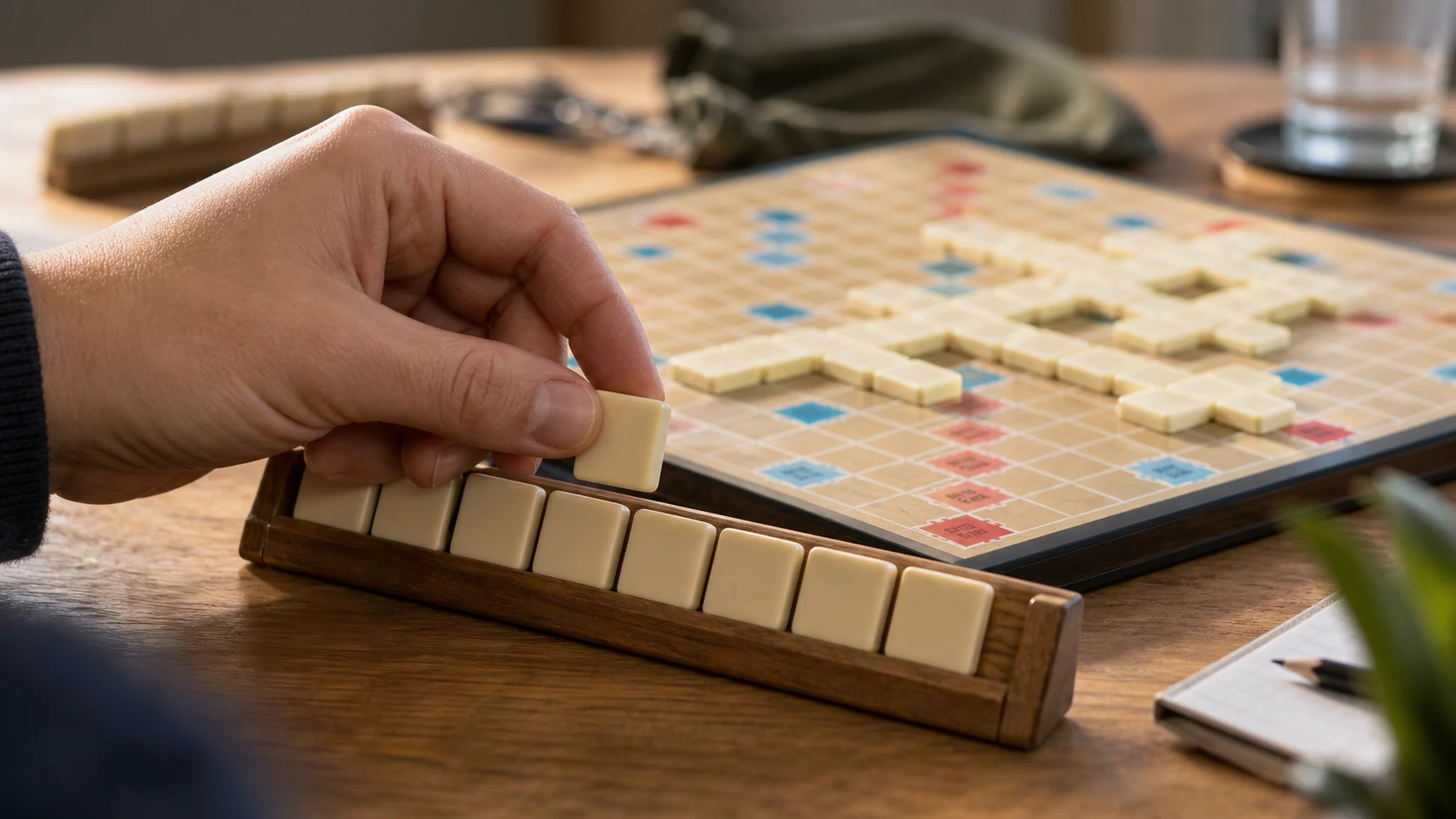 Main hésitant à poser une tuile sur un plateau de jeu de lettres