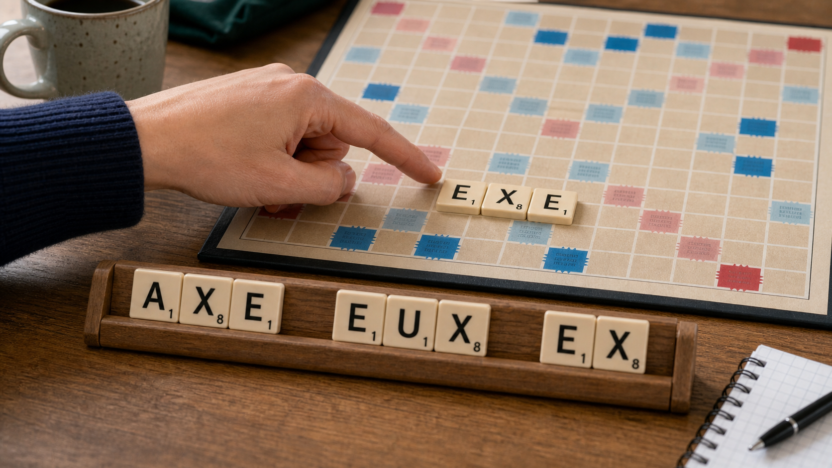 Mot EXE formé avec des tuiles lisibles sur une grille de jeu
