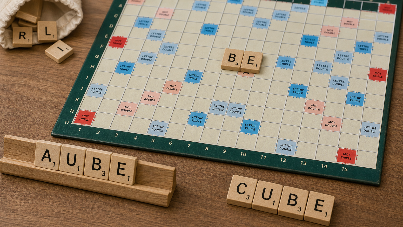 Jetons BE sur un plateau avec les mots possibles AUBE et CUBE
