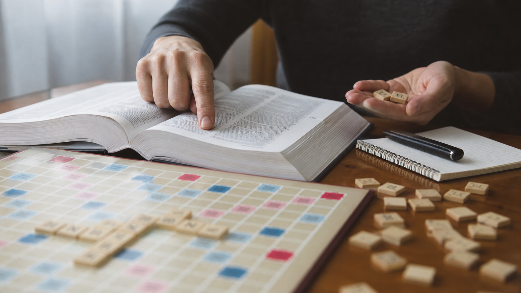 Joueur vérifiant un mot court dans un dictionnaire avant de compter les points