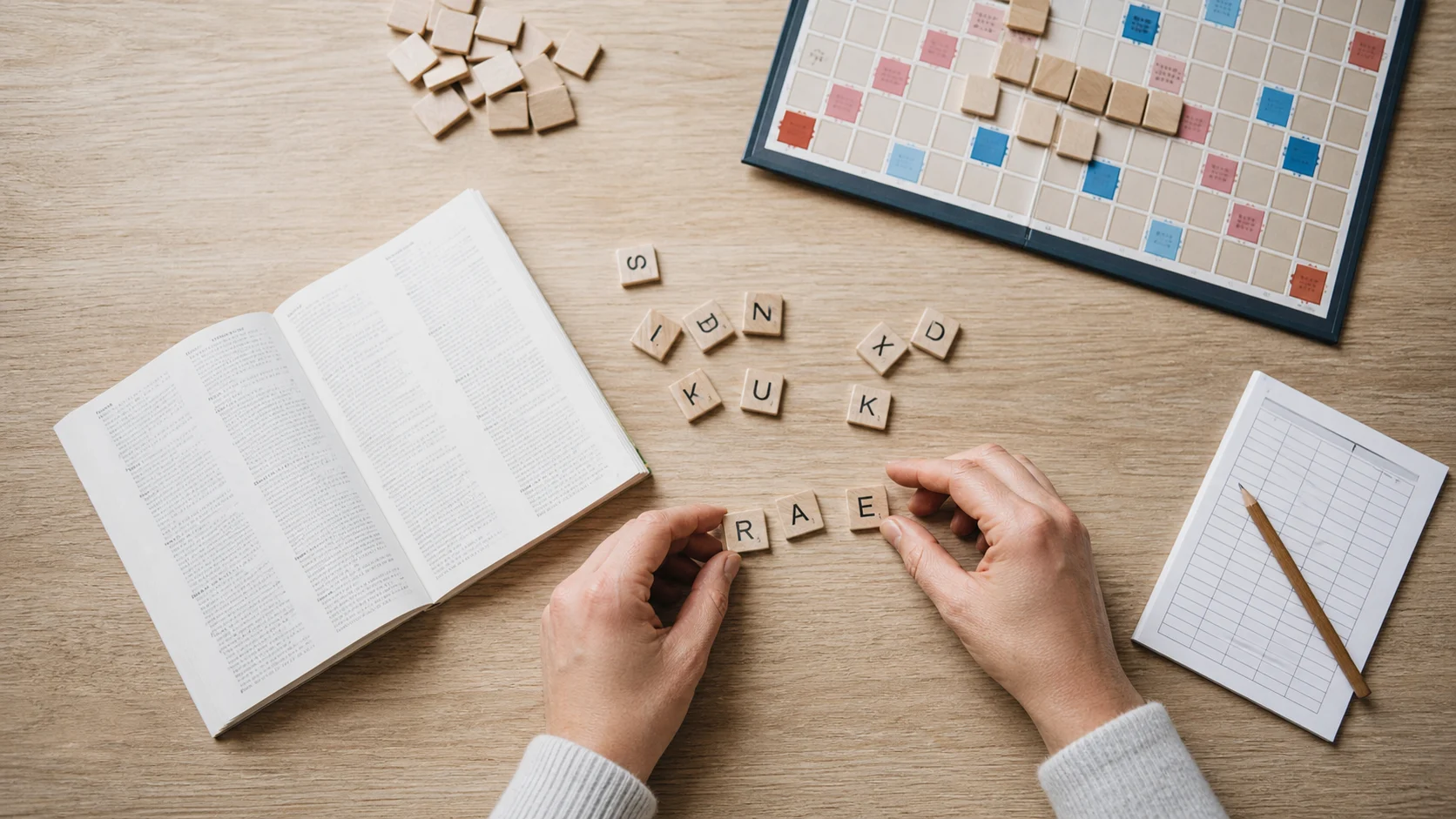 Plateau de lettres et dictionnaire de jeu consulté avant un coup