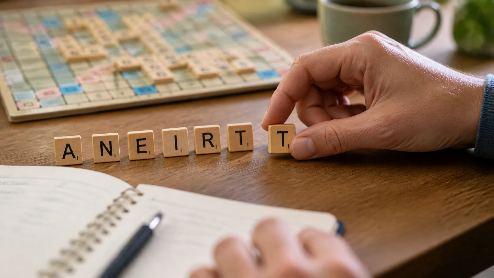 Joueur triant sept lettres en bois pour chercher une anagramme
