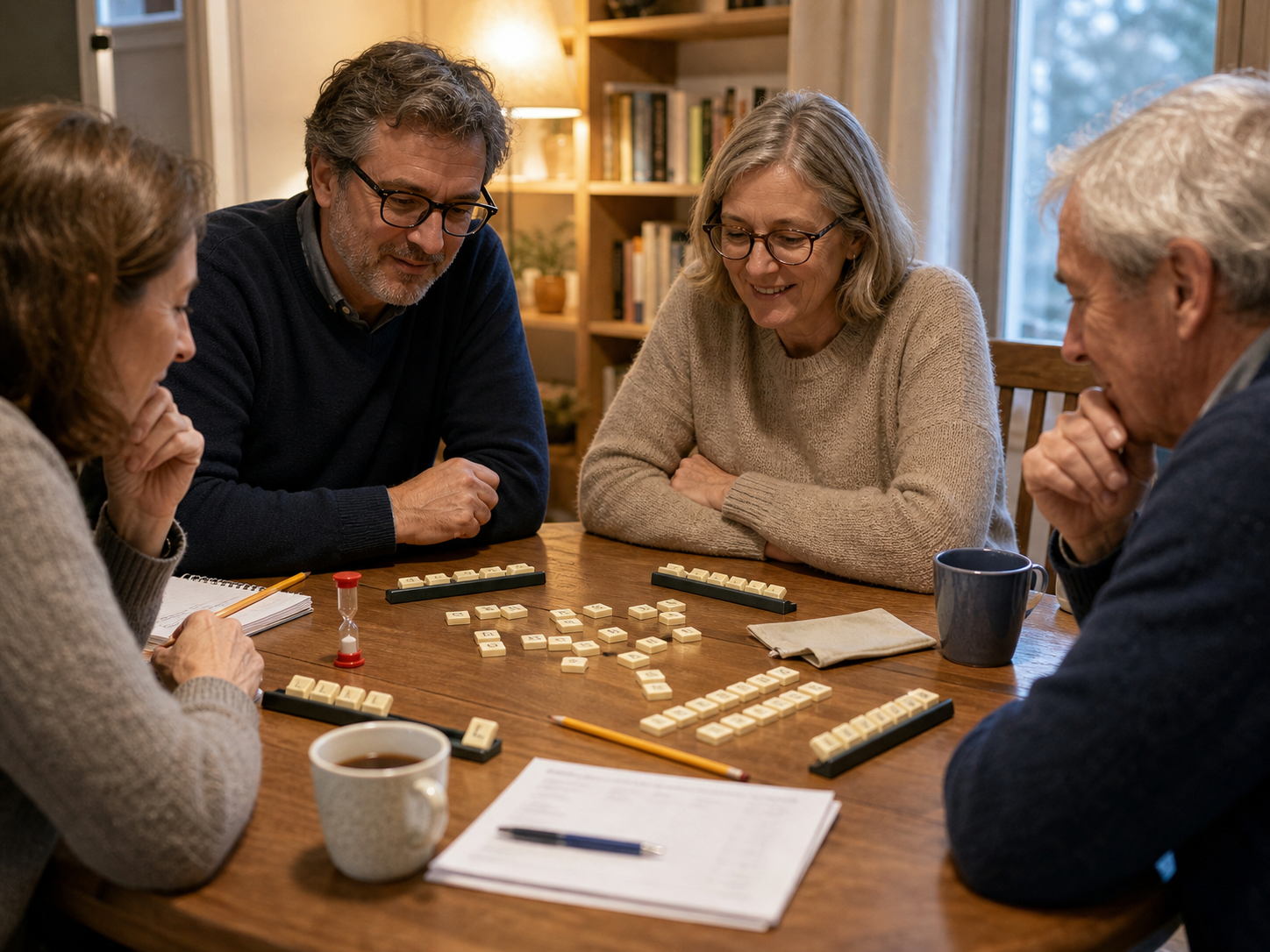 Joueurs autour d’une table cherchant des anagrammes avec des lettres