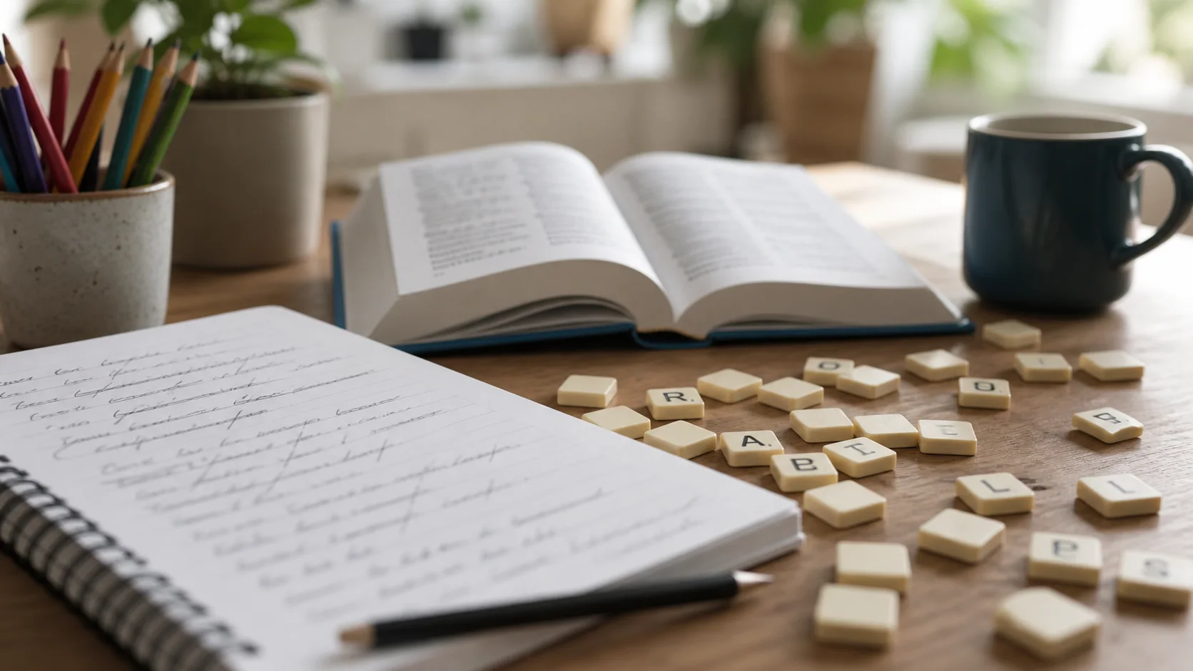 Brouillon de mots et tuiles de lettres pour chercher une anagramme poétique