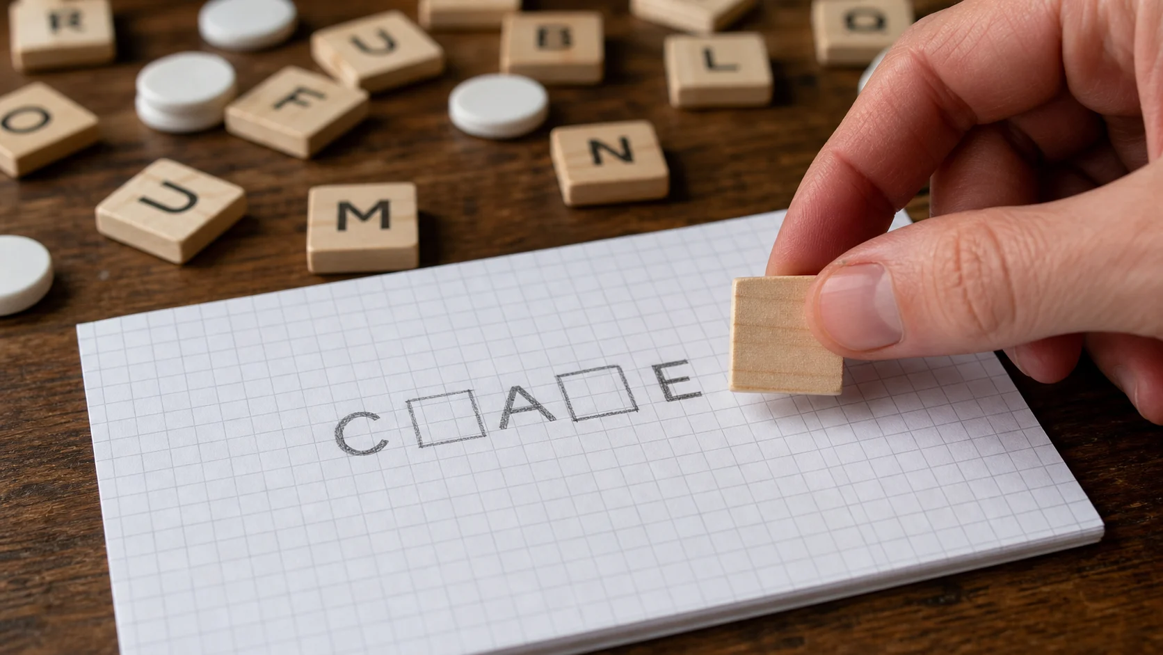 Motif de recherche avec lettres manquantes sur une feuille quadrillée