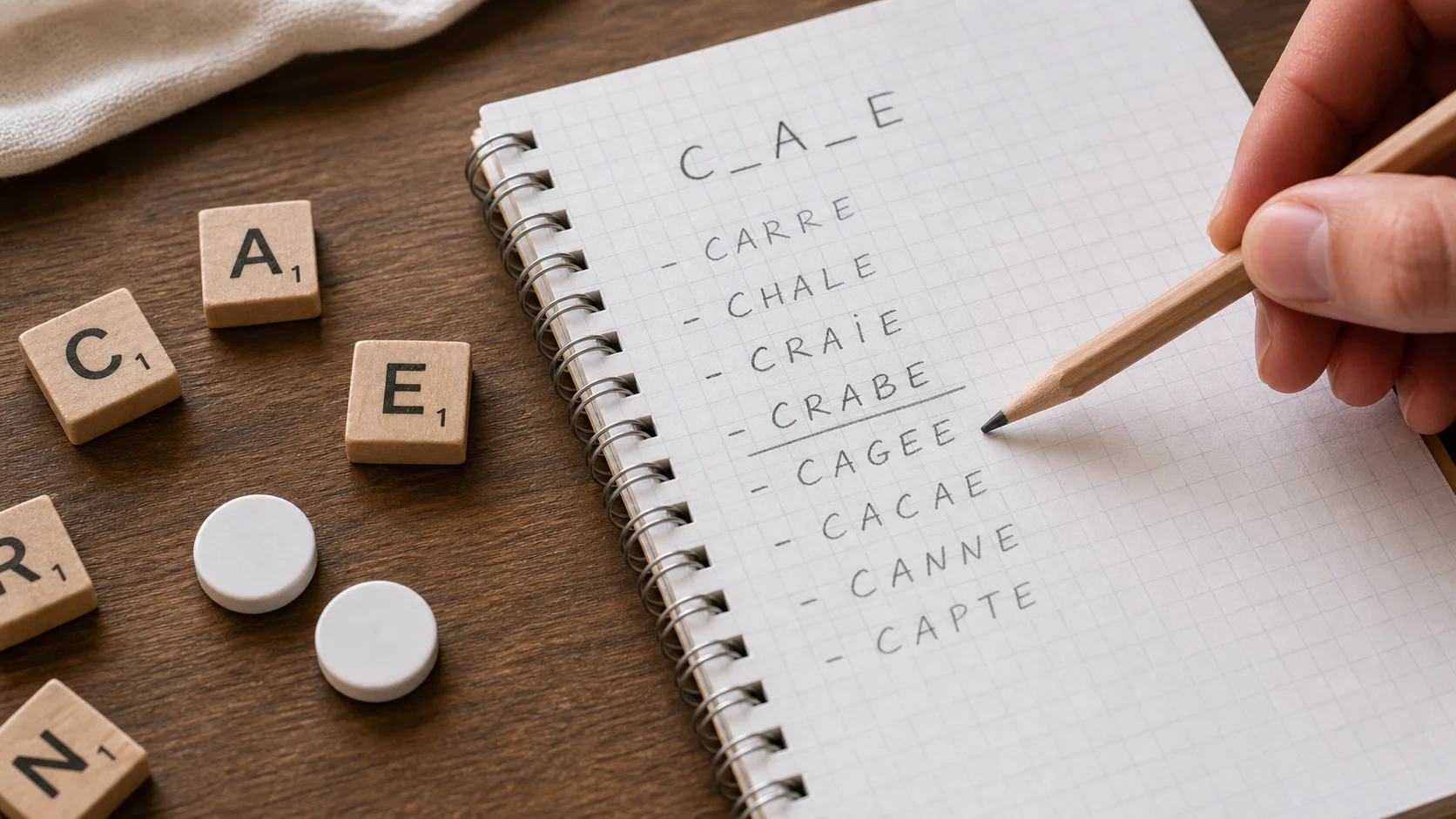 Liste de résultats de mots avec lettres et jetons blancs