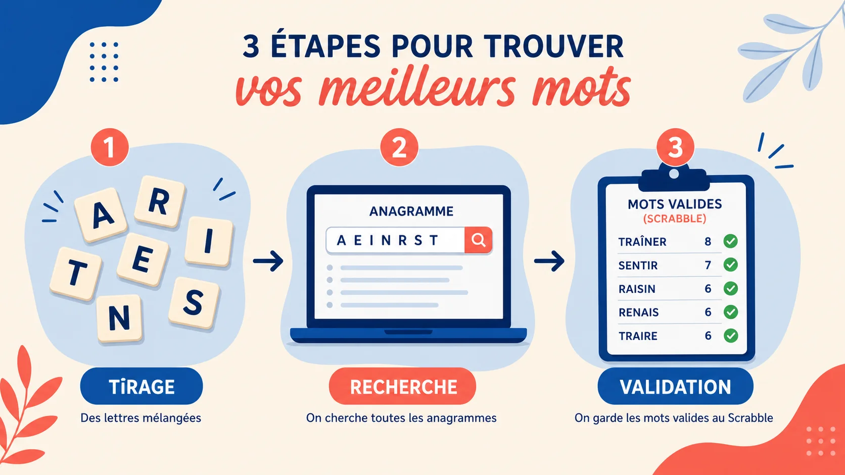 Schéma en trois étapes pour chercher et valider une anagramme
