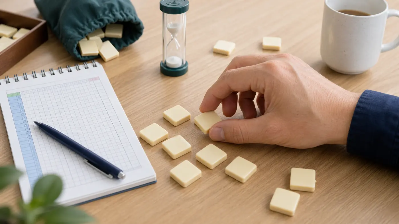 Main plaçant des lettres de jeu près d’une grille et d’un minuteur