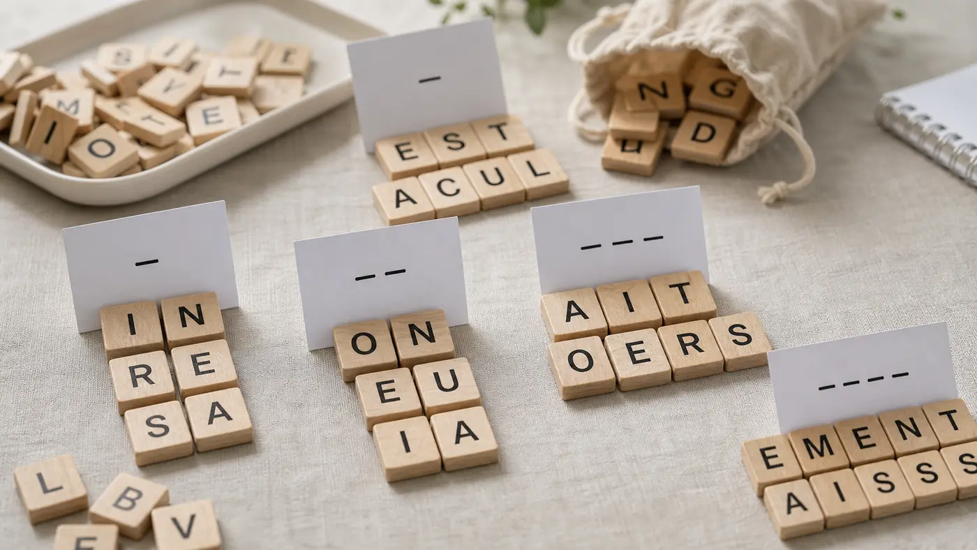 Lettres de jeu classées par séries et motifs sur une table