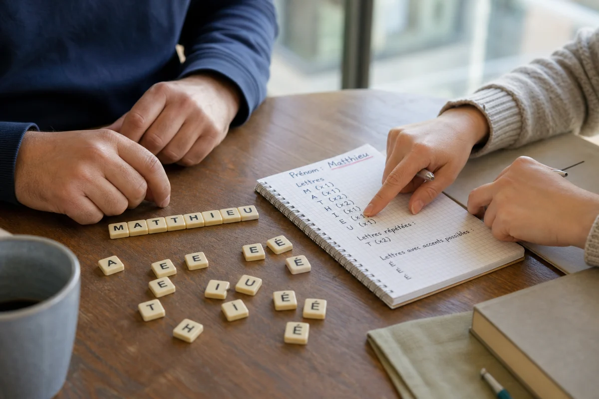 Deux personnes vérifient les lettres d’un prénom avec des tuiles et un carnet