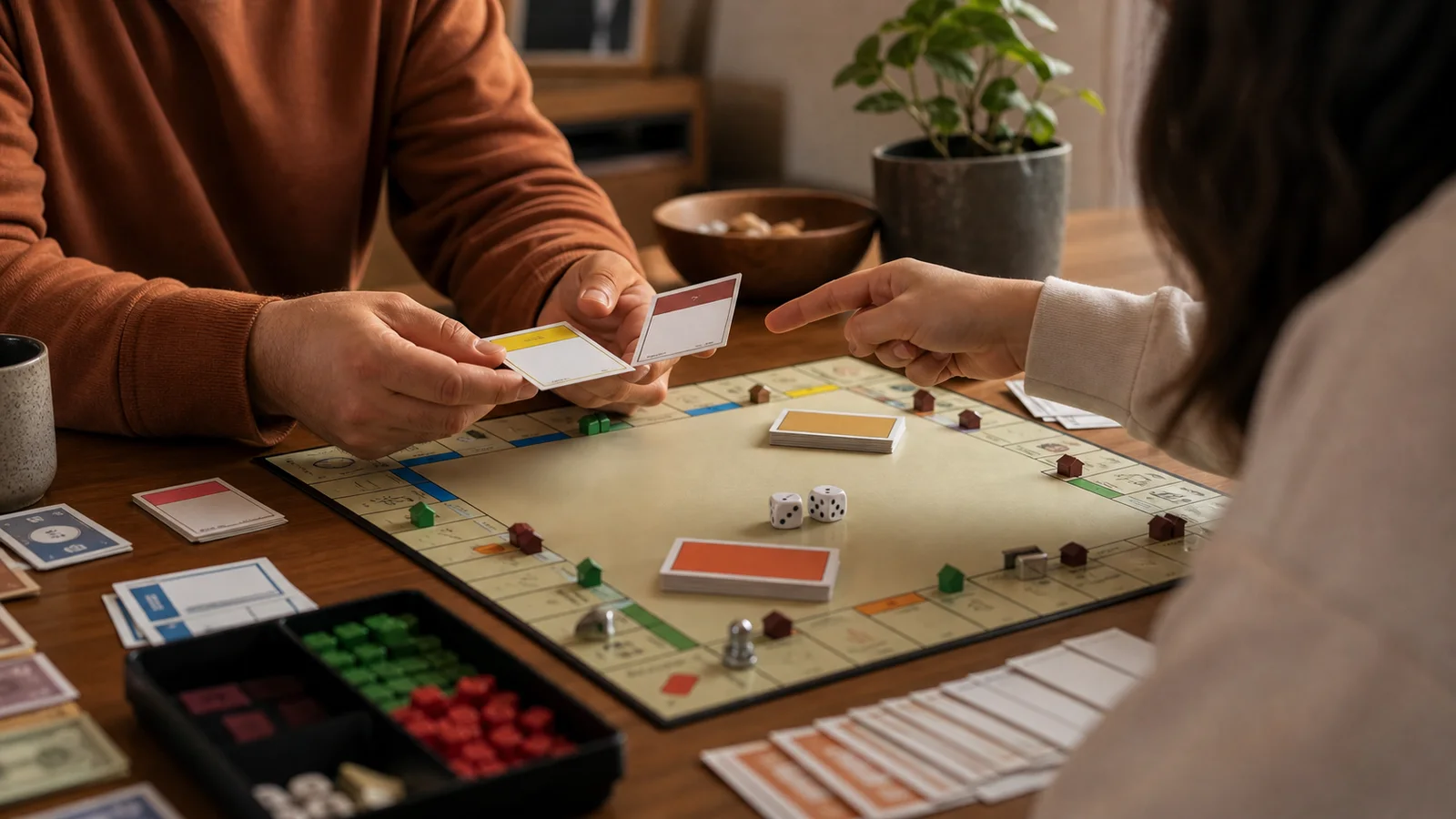 Deux joueurs negocient un echange de cartes de propriete pendant une partie de Monopoly