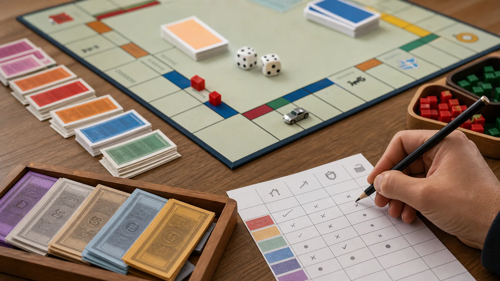 Plateau de Monopoly avec billets ranges et grille de decision pour garder une reserve de cash