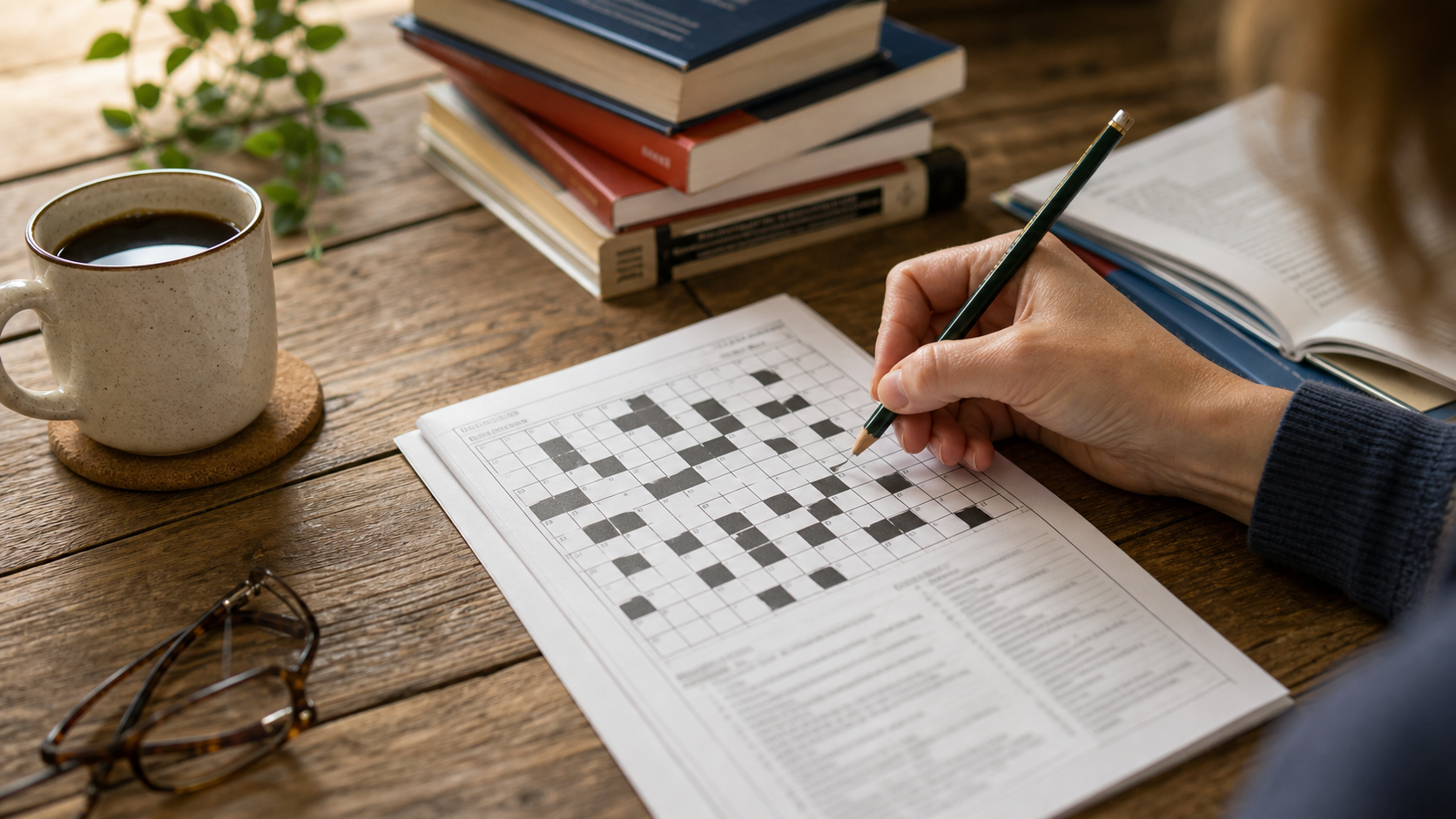Grille de mots croisés remplie au crayon avec dictionnaires en arrière-plan