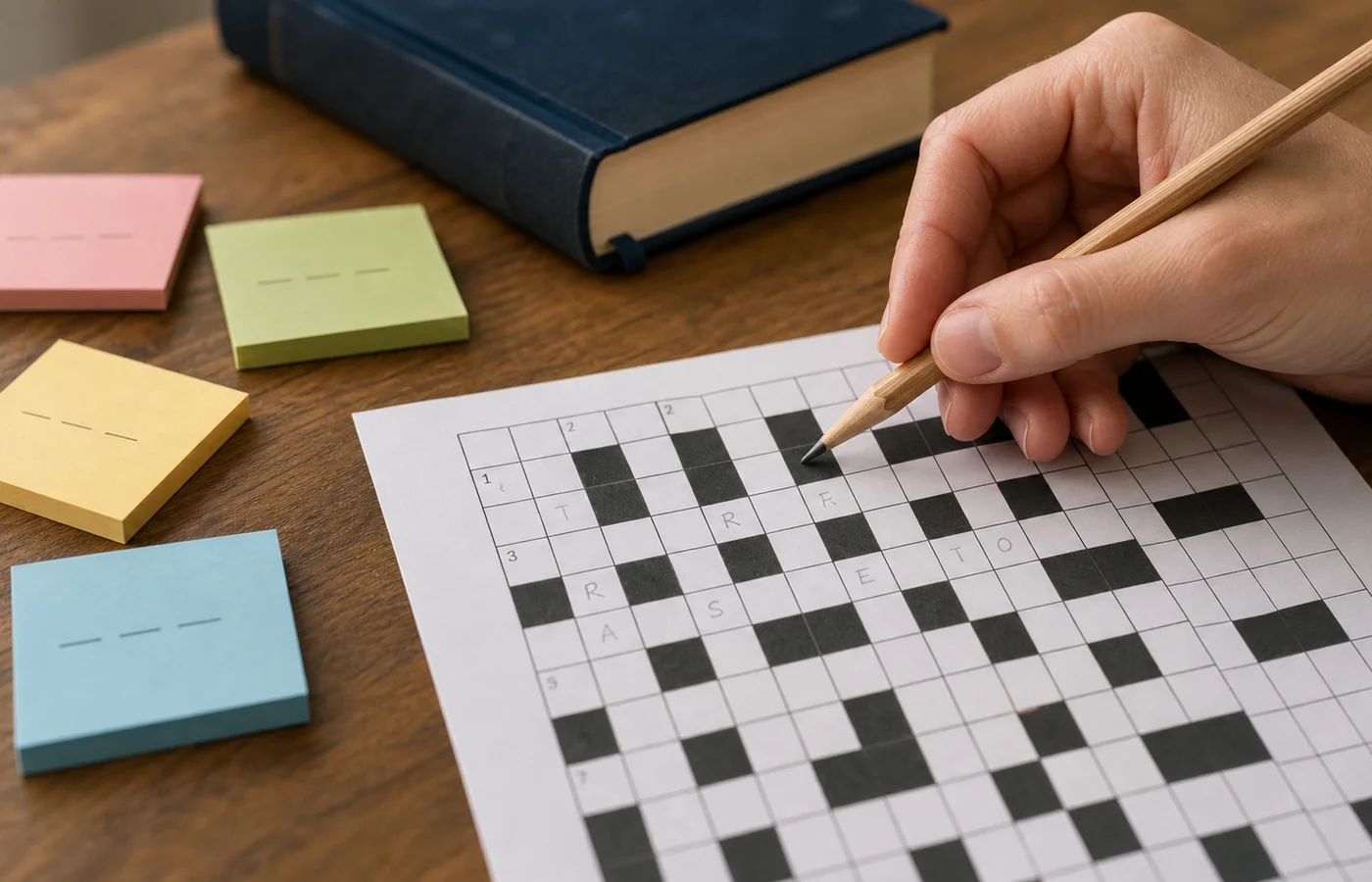 main avec crayon au dessus d une grille de mots croisés et notes de méthode
