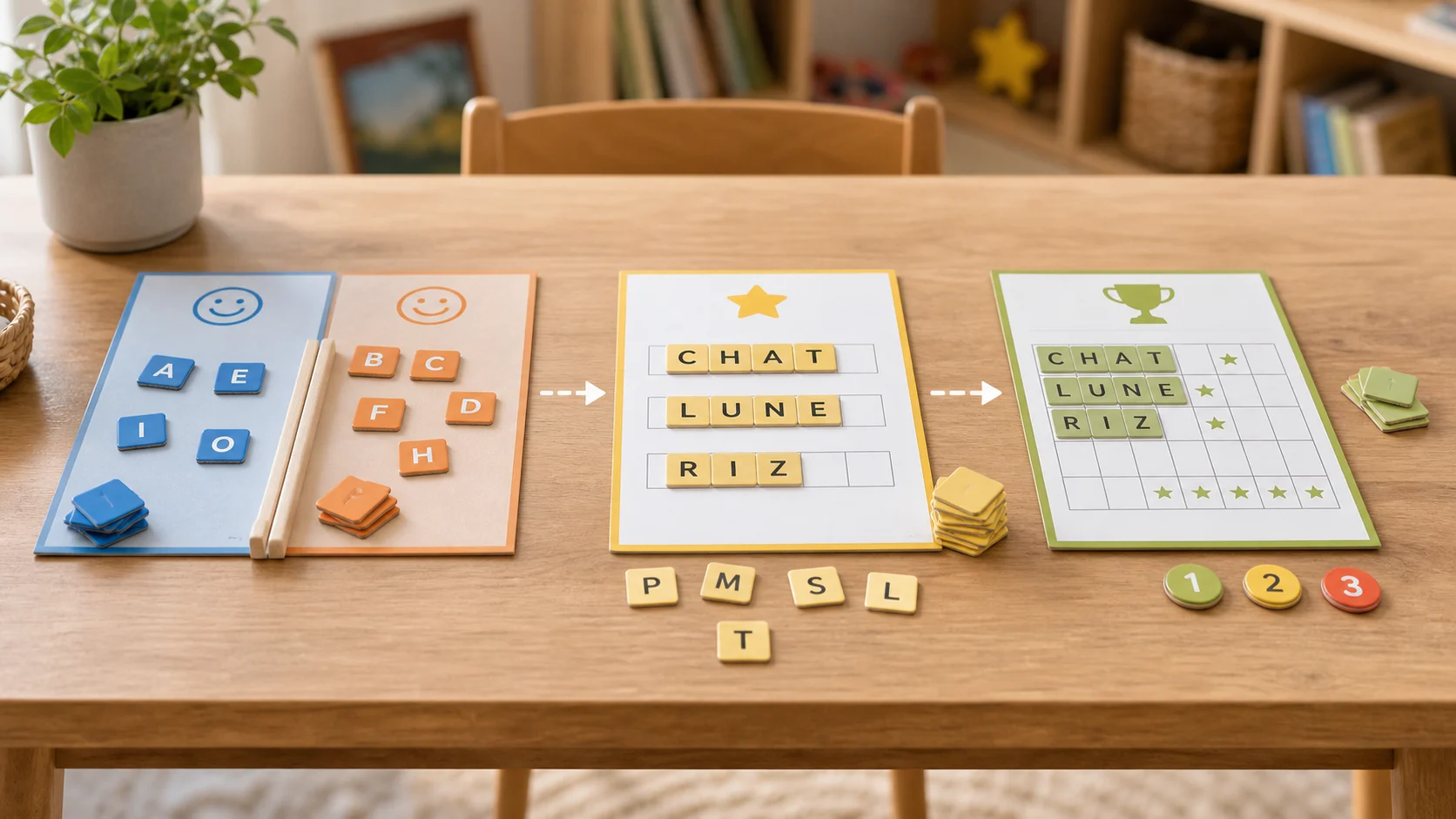 Étapes de progression pour apprendre un jeu de lettres à un enfant
