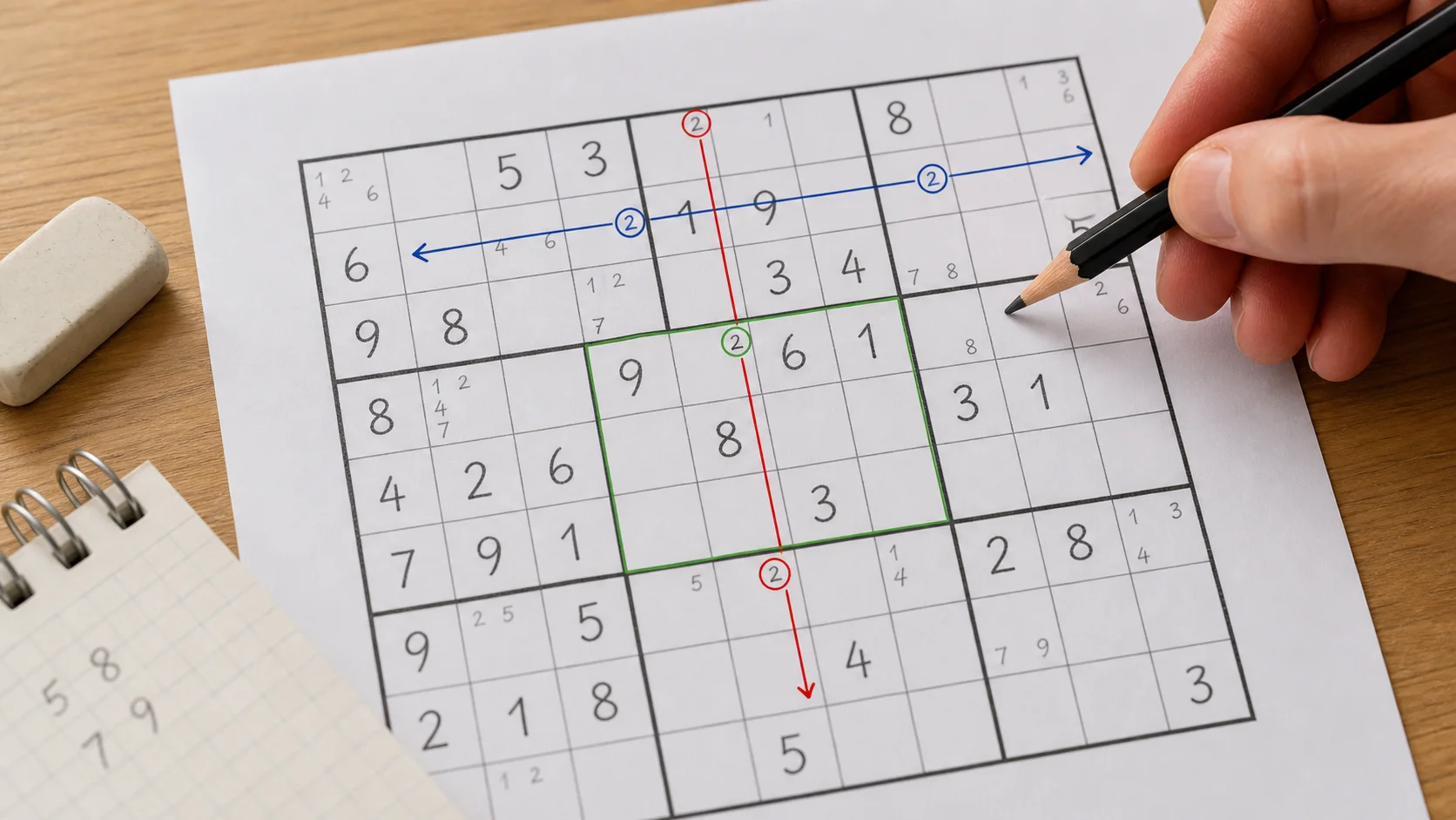 Grille de sudoku avec repérage ligne colonne et bloc au crayon