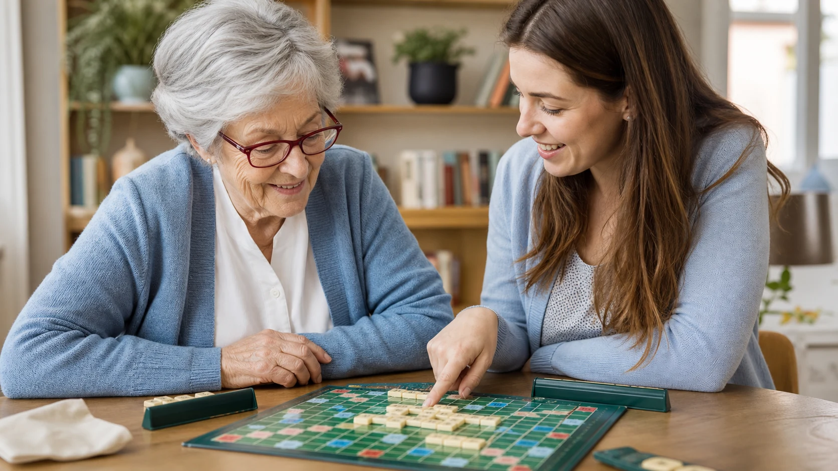 joueuse senior accompagnée pendant une partie de Scrabble