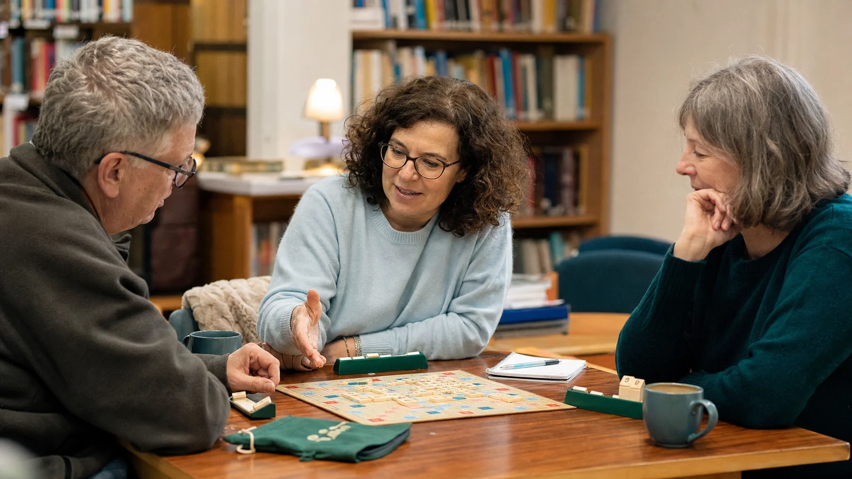 petit groupe joue au Scrabble dans une ambiance calme et sociale