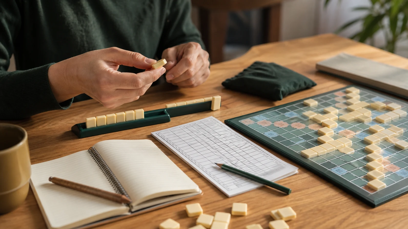 joueur trie des lettres et note ses nouveaux mots après une partie