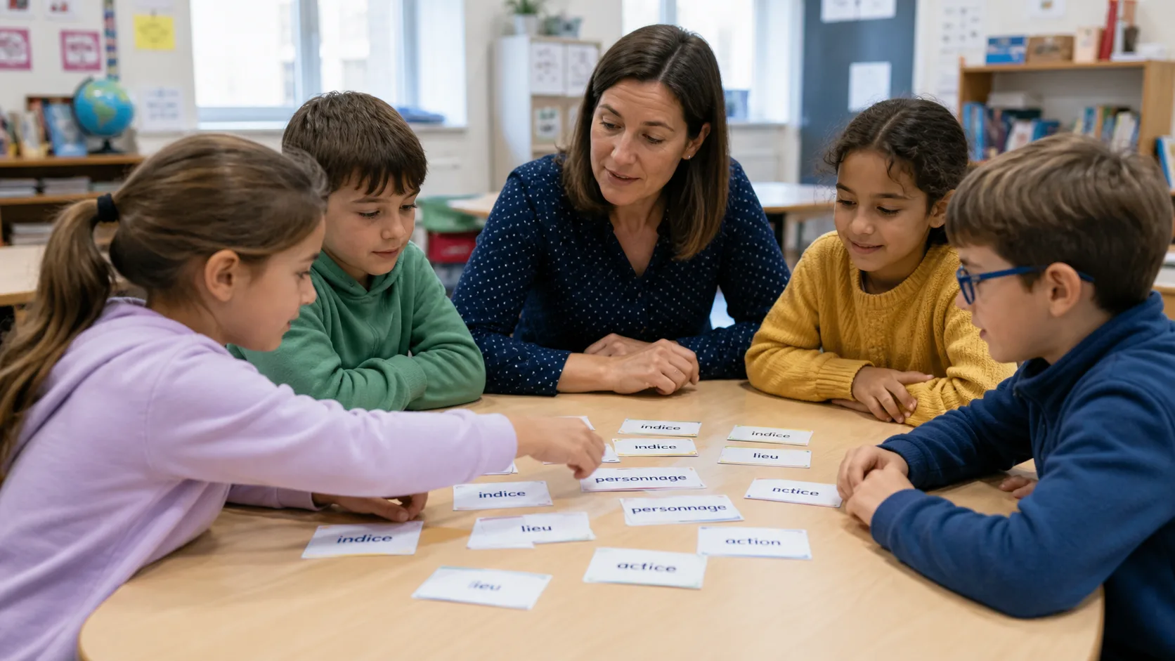 Groupe d’élèves classant des cartes de vocabulaire après une lecture