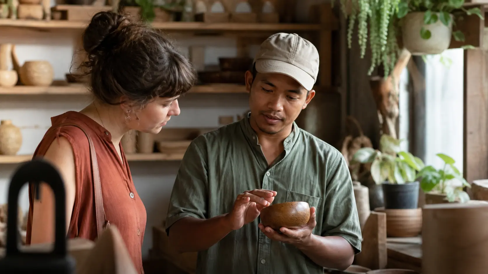 Voyageur échangeant avec un artisan local dans un atelier de quartier
