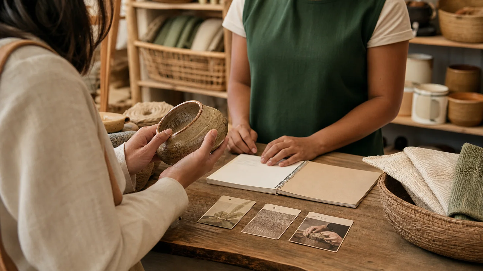 Achat d’un objet artisanal dans une boutique coopérative avec cartes de provenance