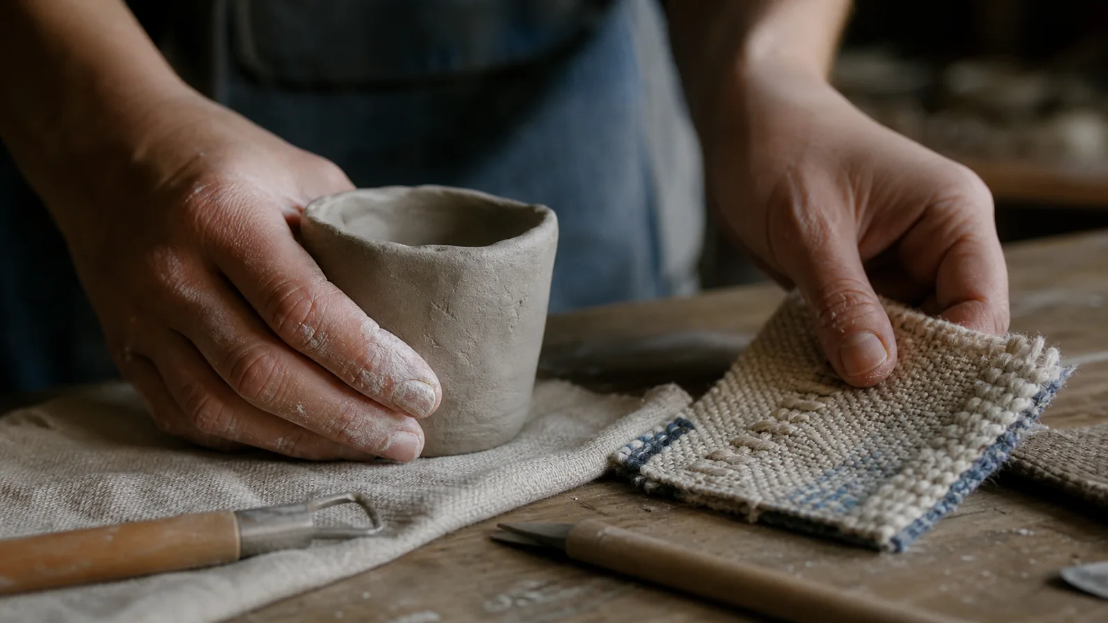 Mains travaillant l’argile et vérifiant une trame textile dans un atelier