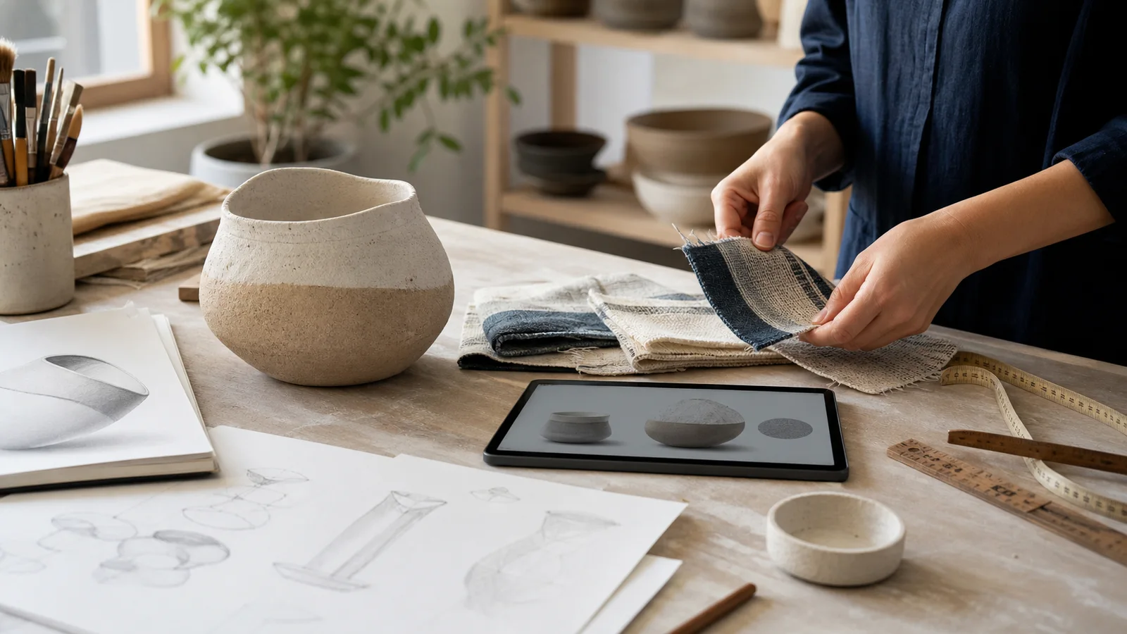 Prototype artisanal, croquis et tablette dans un atelier contemporain