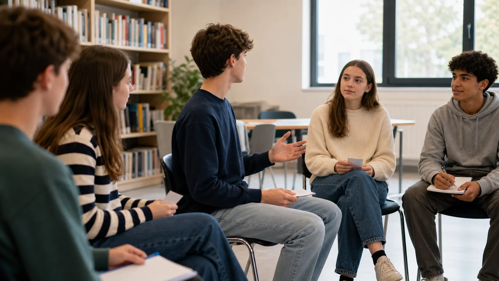 Groupe de jeunes échangeant après un exercice de prise de parole