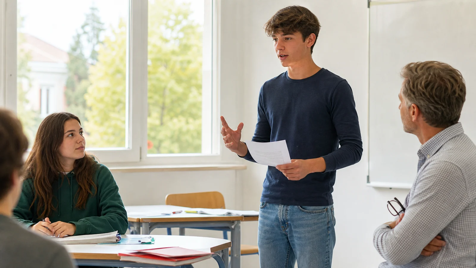 Adolescent répétant une prise de parole devant un professeur