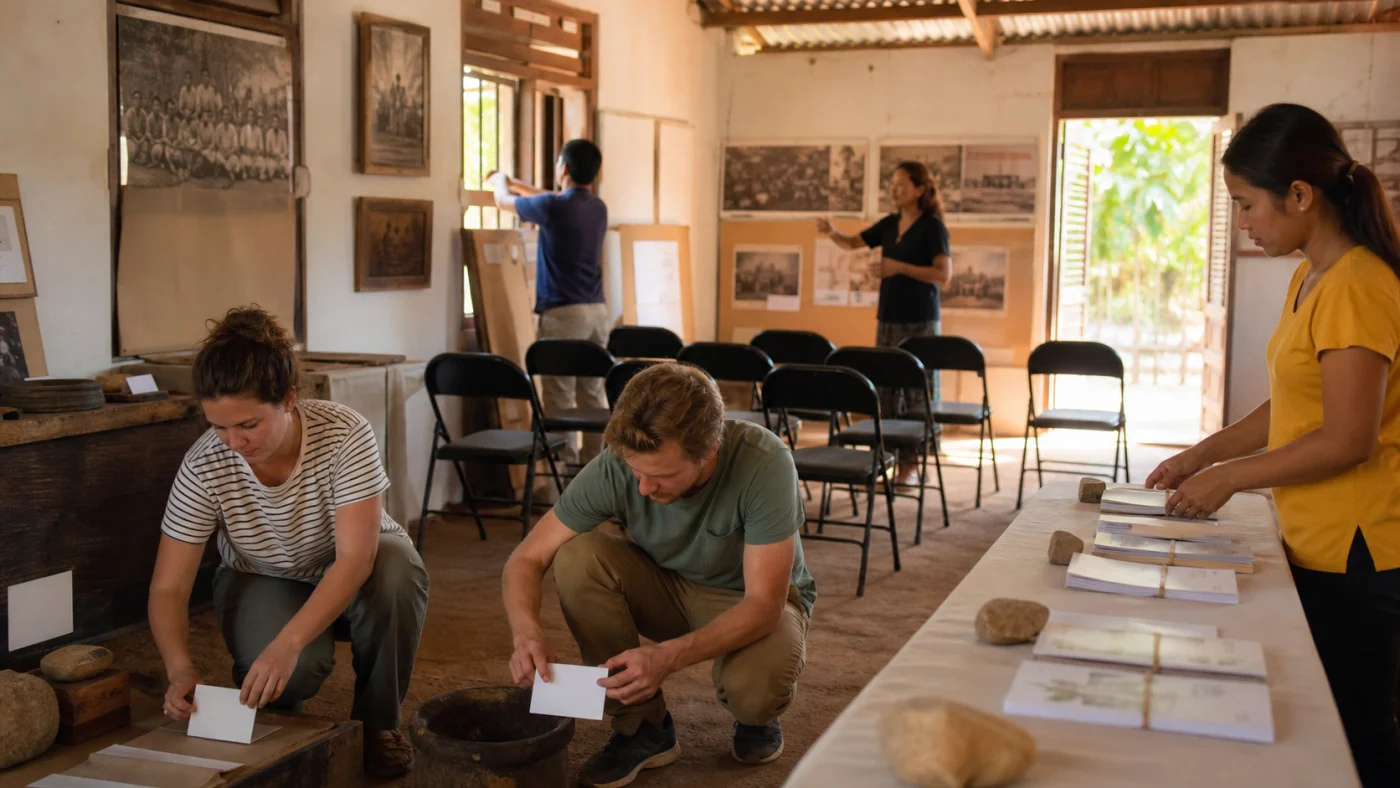 Volontaires aidant des organisateurs locaux dans un petit lieu culturel