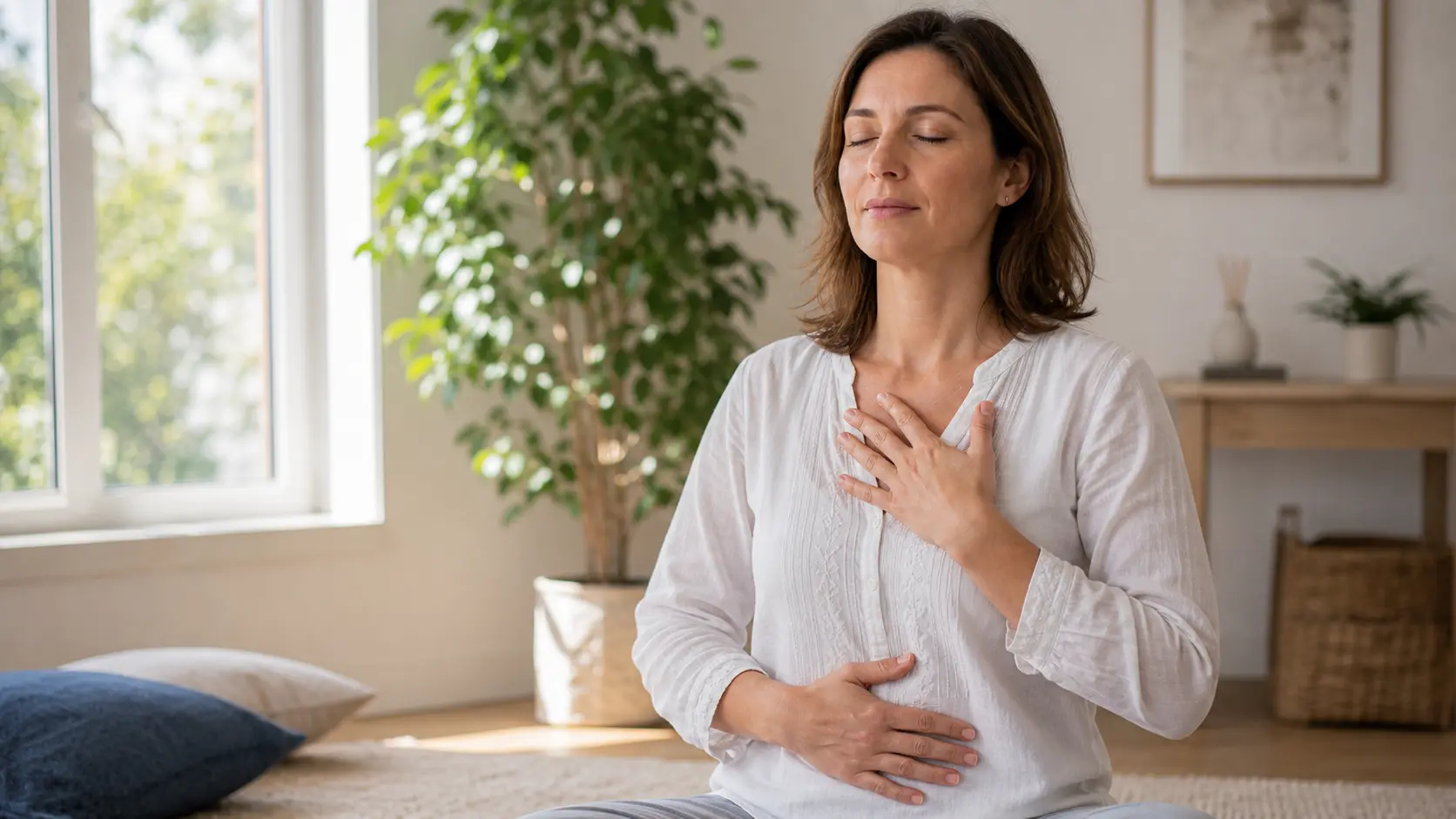 Personne pratiquant la respiration abdominale dans une pièce calme