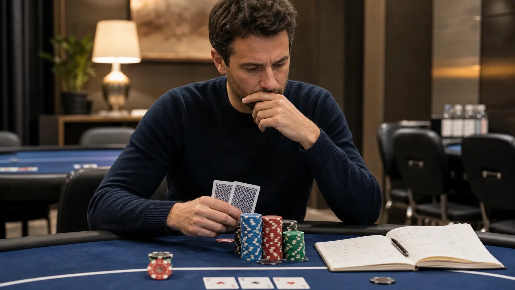 Joueur de poker analysant ses cartes et sa stratégie