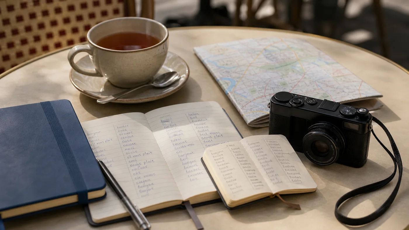 petit carnet de langue avec carte tasse et appareil photo sur une table