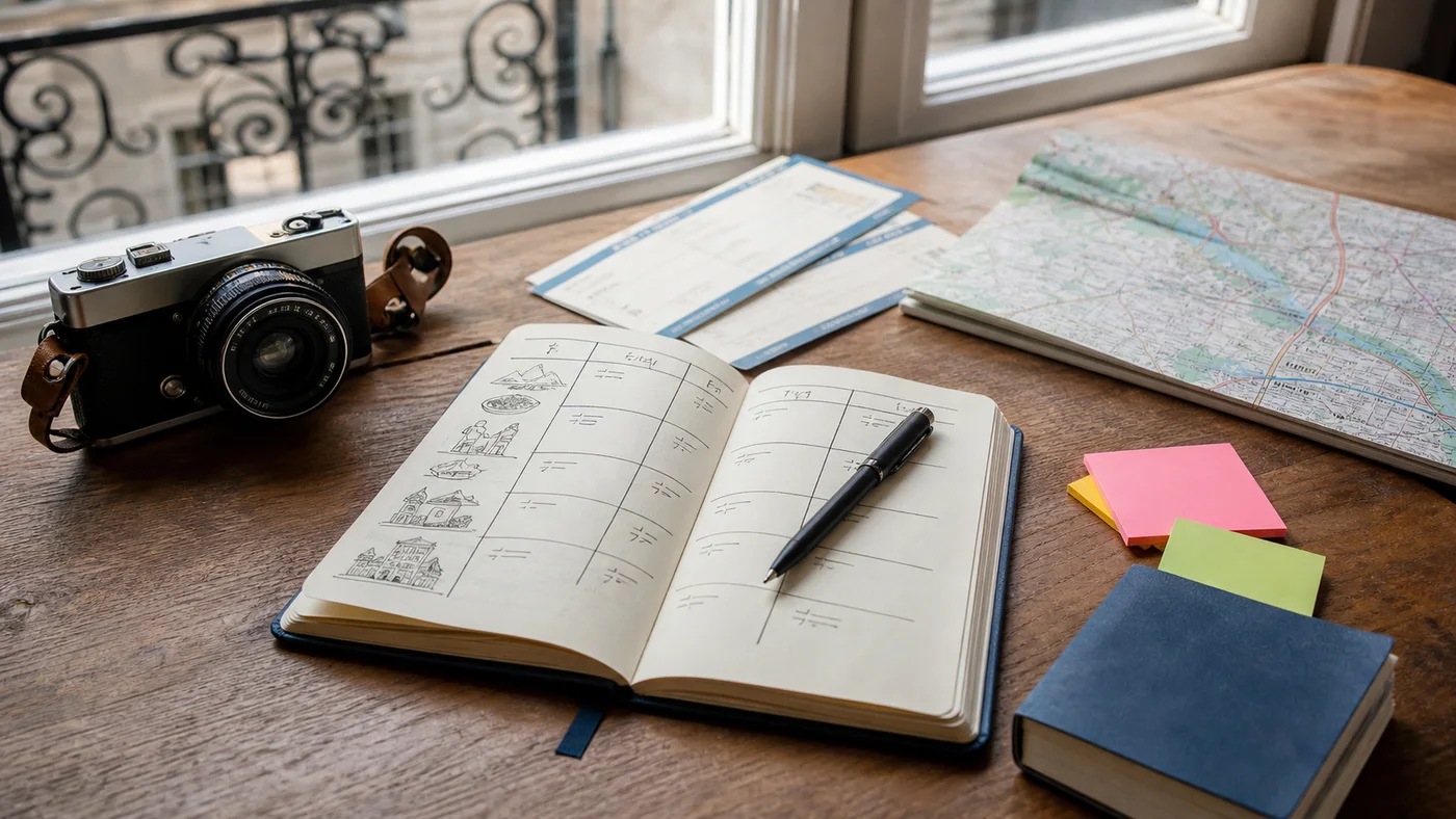 carnet de voyage ouvert avec carte appareil photo et notes d observation