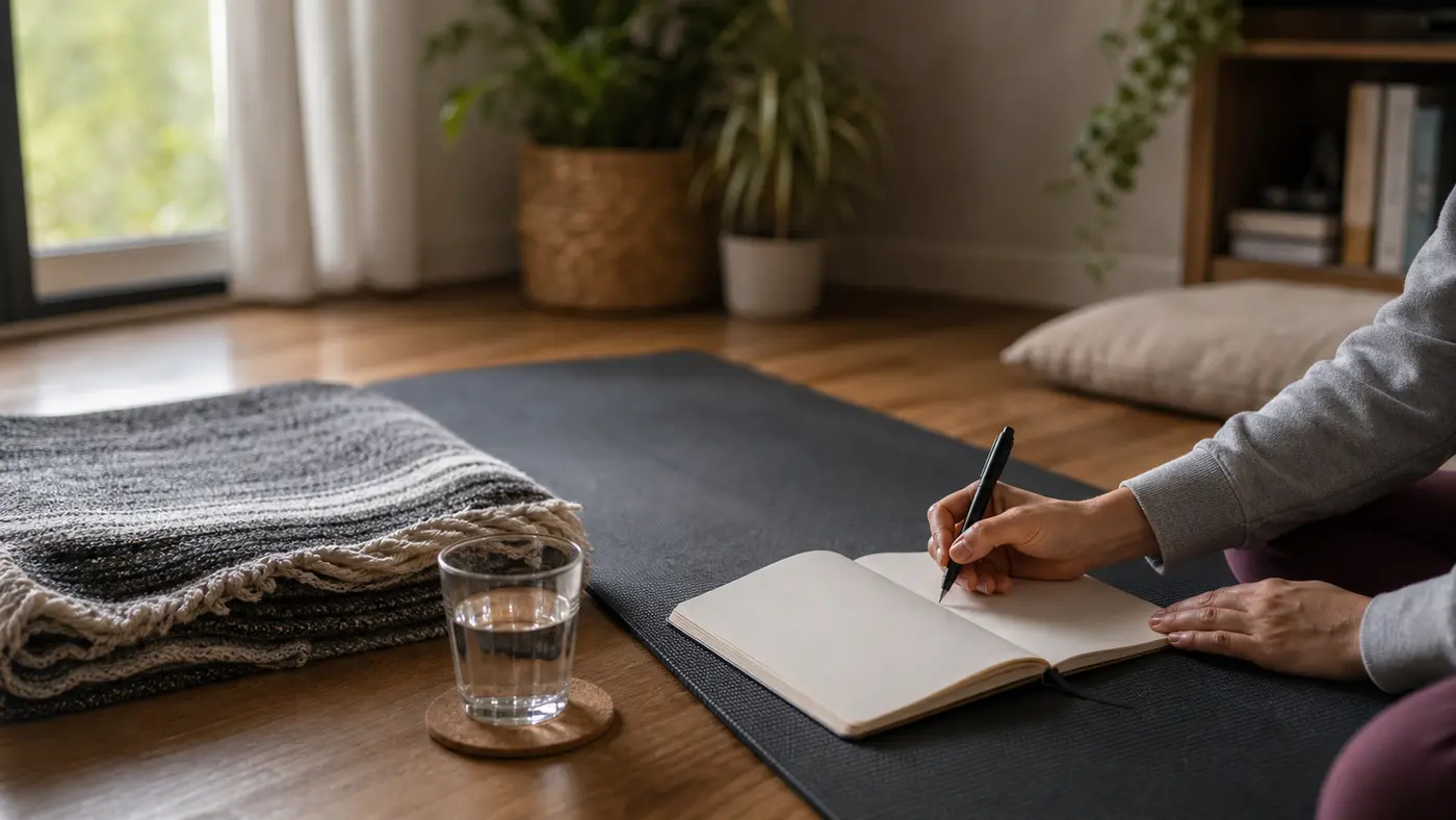Carnet ouvert, tapis de yoga et verre d’eau après une pratique douce à la maison