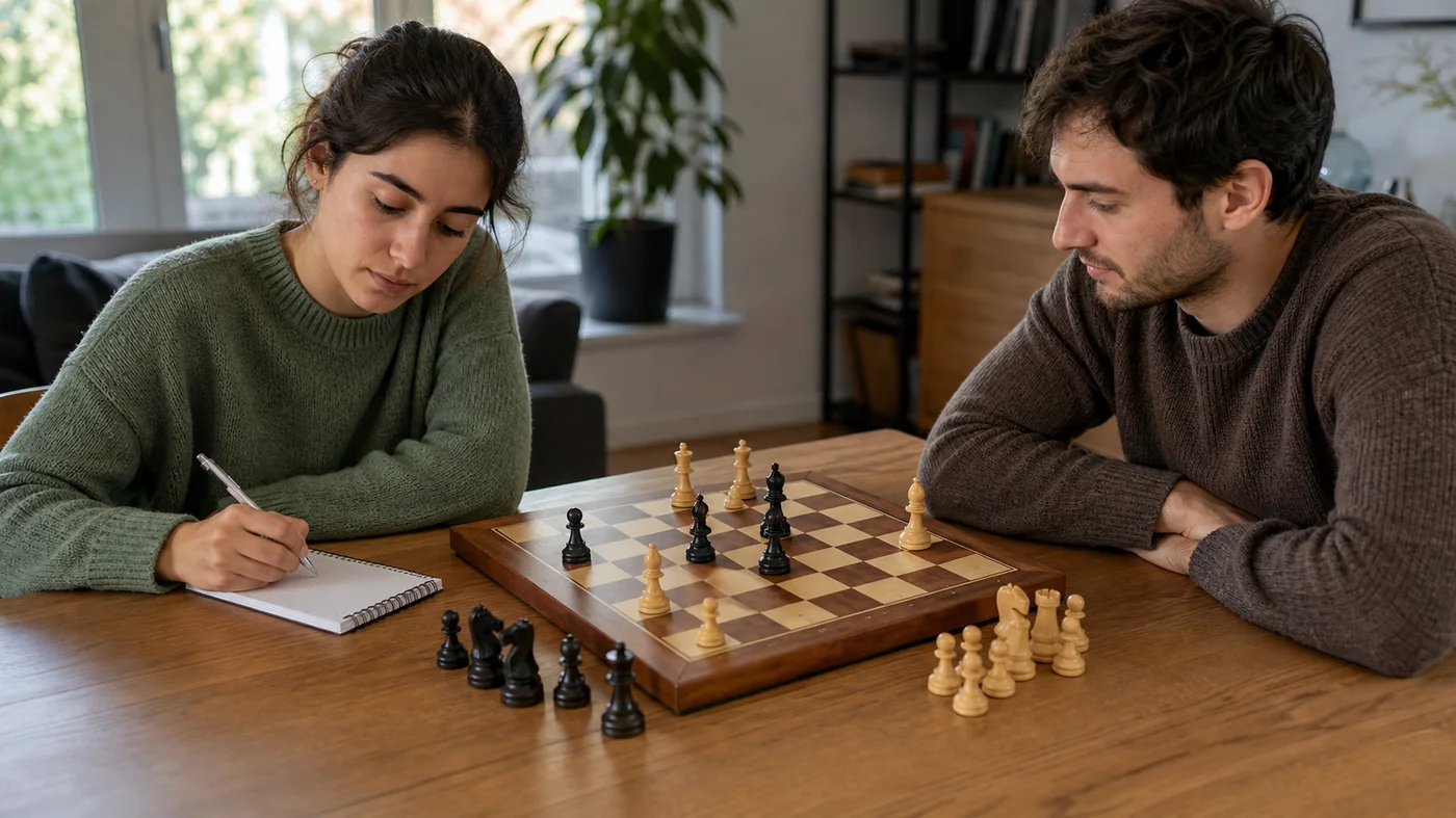 Deux joueurs analysent une position d echecs apres une partie