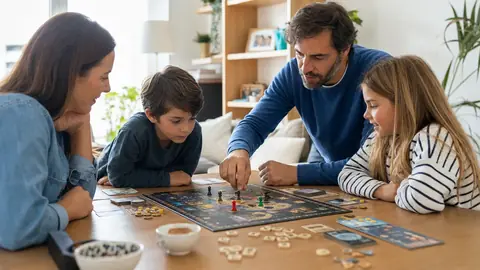 Famille qui discute autour d’un jeu de société coopératif