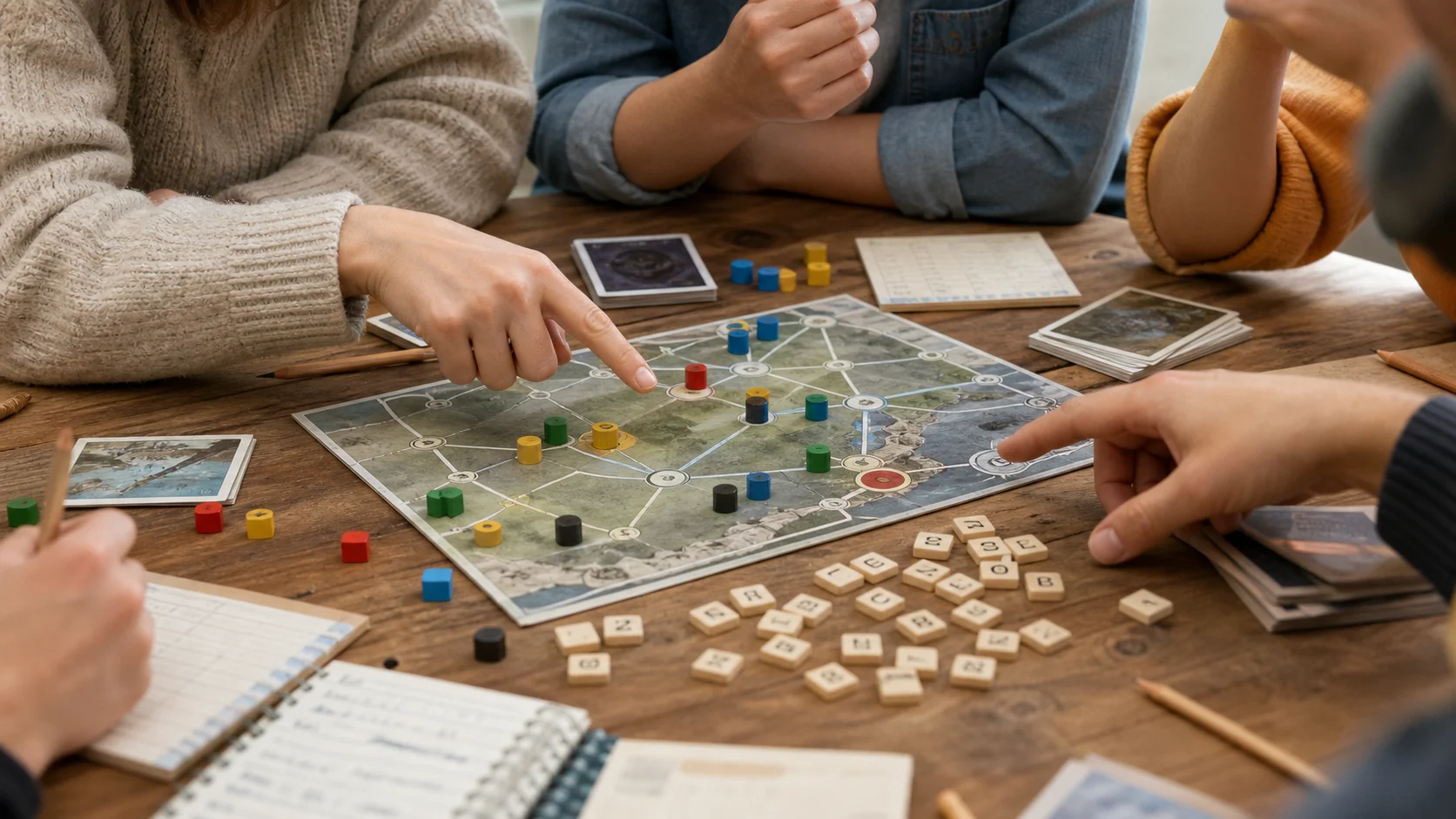 Mains de joueurs autour de cartes et de jetons pendant une décision collective