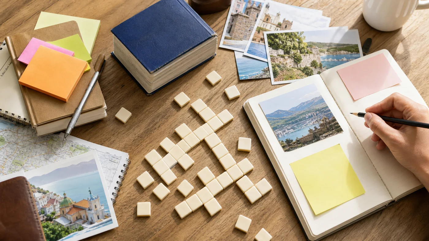 carnet de vocabulaire de voyage avec lettres et cartes postales