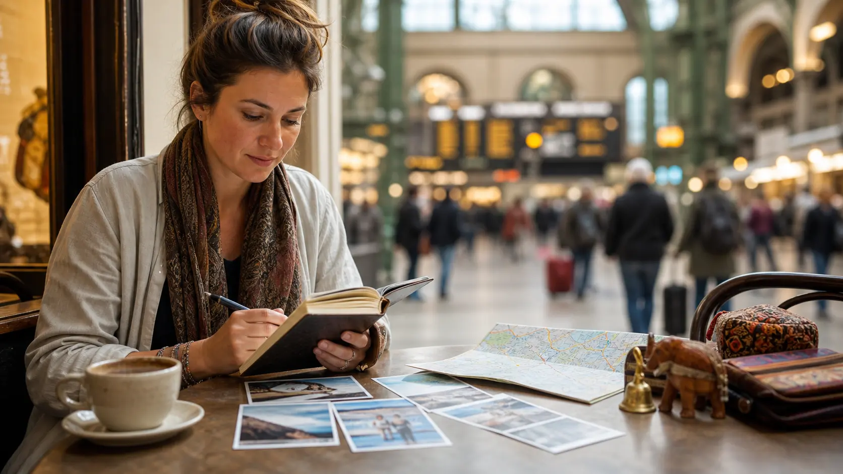Voyageuse relisant son carnet et ses photos dans une gare lumineuse