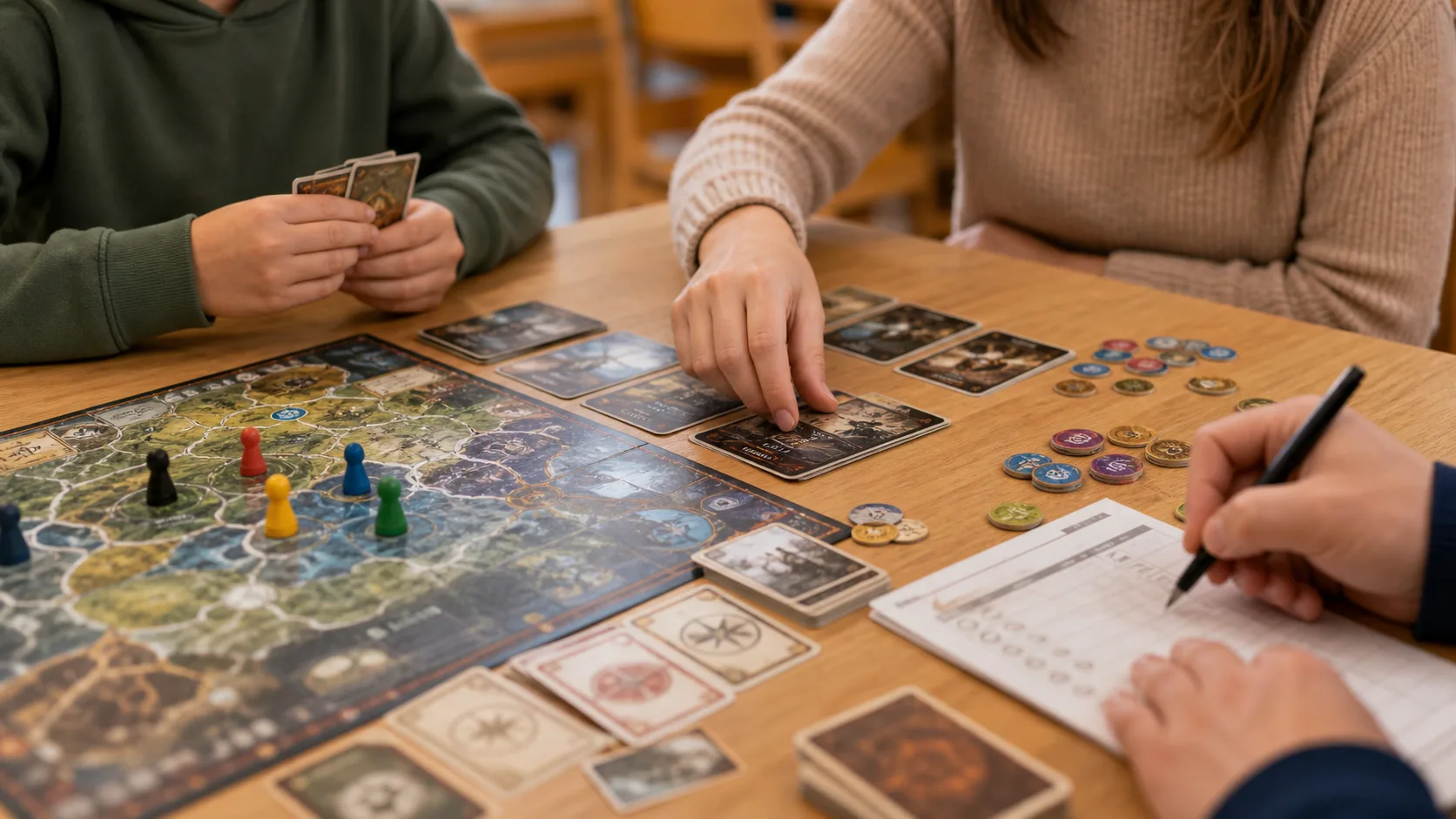 Mains autour d’un jeu de société avec cartes et pions pour travailler la planification