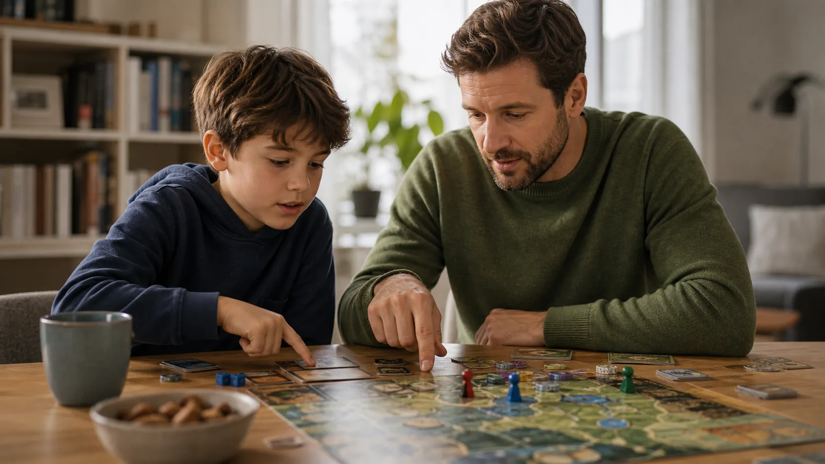 Parent et enfant qui reviennent sur leurs choix après une partie de jeu de société