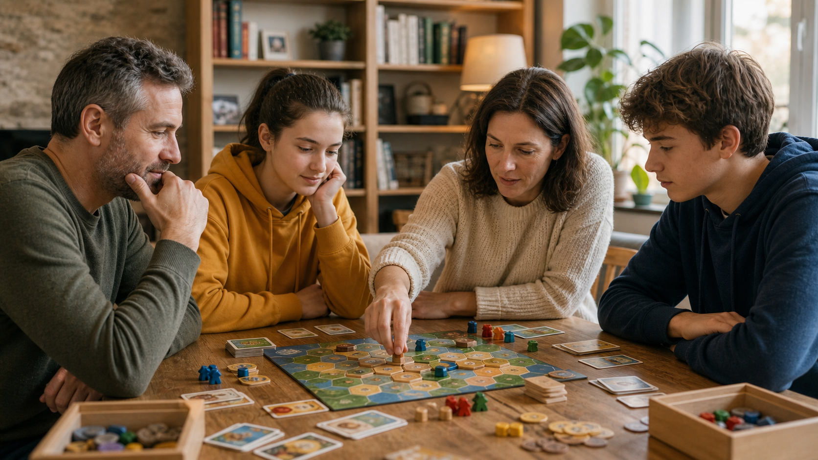 Famille concentrée autour d’un jeu de société stratégique sur une table