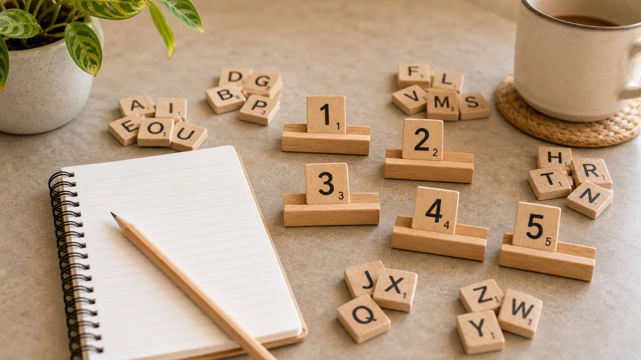 Carnet de notes et tuiles de lettres pour progresser au jeu de mots