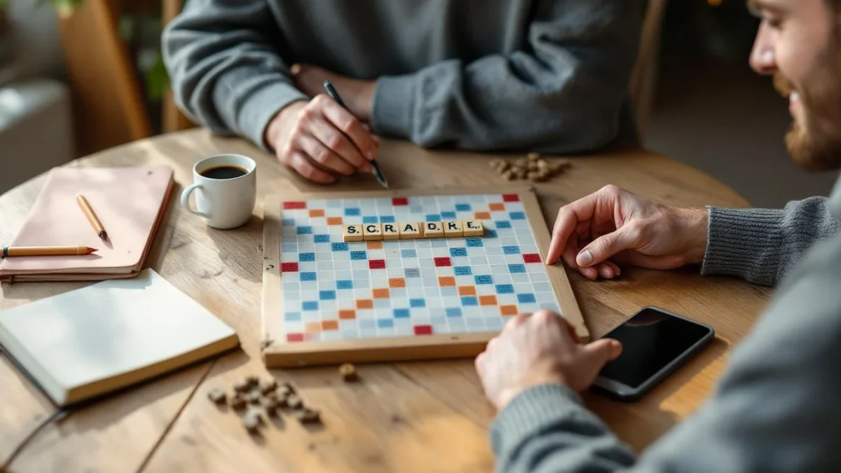 Plateau de Scrabble sur table en bois avec carnet, crayon et smartphone éteint, joueur réfléchissant.