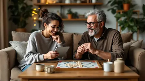 Deux joueurs penchés sur un plateau de Scrabble, l'un tenant une tuile Z, tablette éteinte en arrière-plan flou.