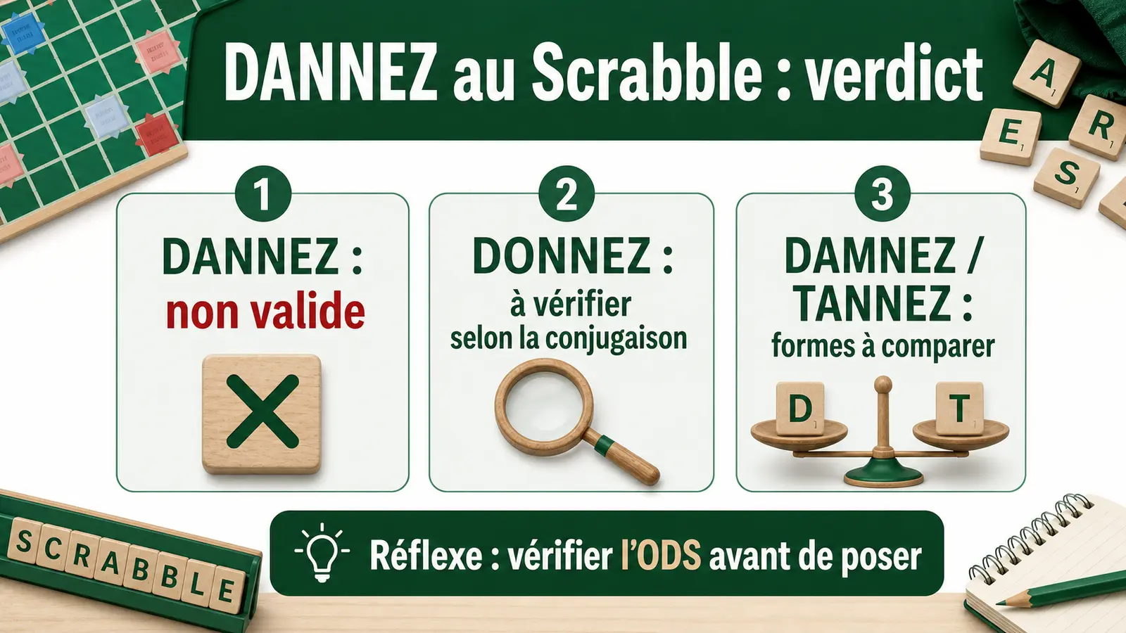 Infographie indiquant que DANNEZ n’est pas valide au Scrabble et listant les confusions proches