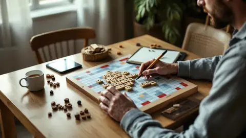 Joueur concentré penché sur un plateau de jeu avec lettres, carnet et café sur une table en bois clair.