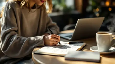 Personne concentrée vérifiant un carnet et un dictionnaire papier dans un café, ordinateur flou en arrière‑plan.